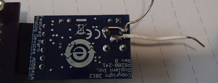 <strong>Back of Digilent DA3. I soldered ground and signal wires for convenience.</strong>
