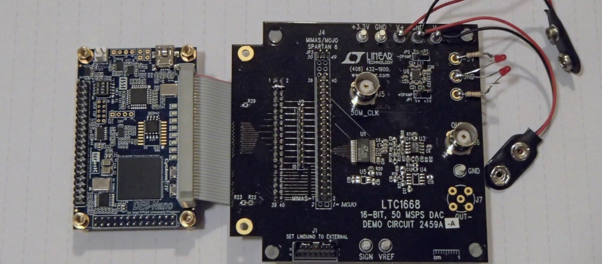 <strong>DE0-nano connected to a 50 Ms/s 16 bit DAC, the LTC1668 from Linear Technology</strong>